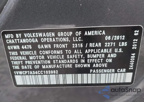 2012 Volkswagen Passat 2.5L Sel Premium z USA, uszkodzony, nr VIN 1VWCP7A34CC103982